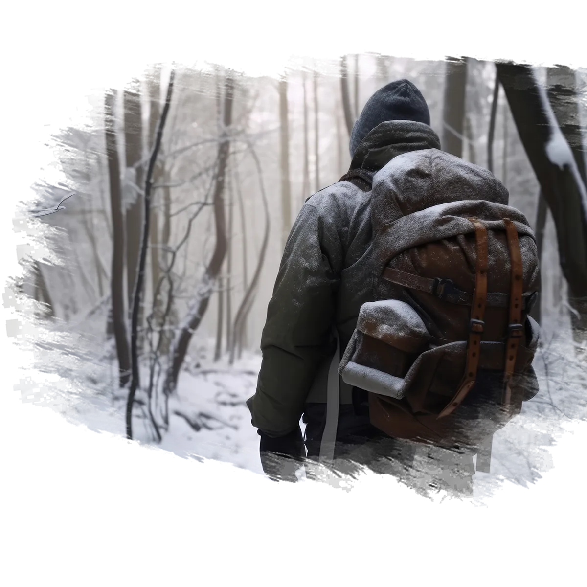 mężczyzna ciepło ubrany z plecakiem w lesie w zimowej scenerii