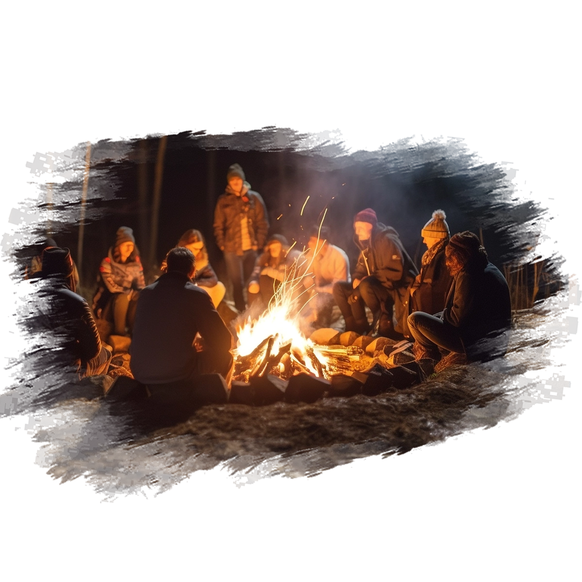 Ludzie siedzący wieczorem przy ognisku w lesie